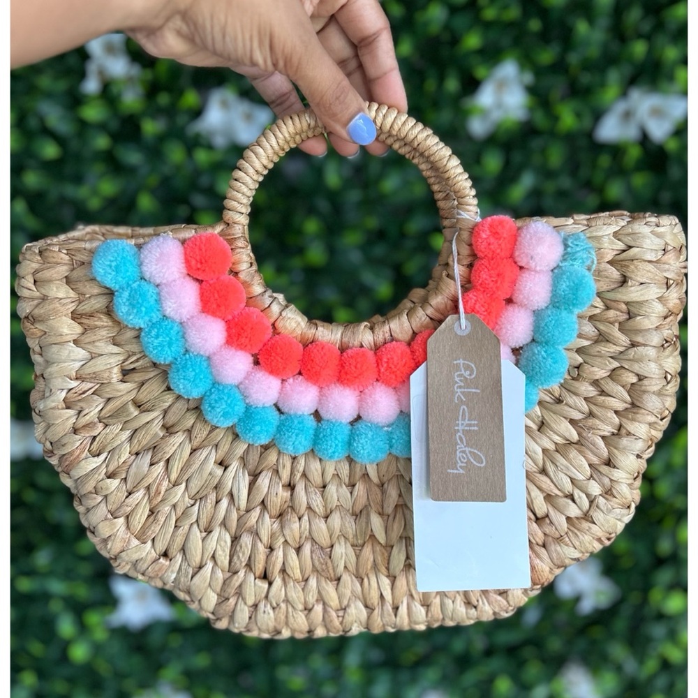 Tote, Pink Haley Woven summer Tote with Pom Poms NWT 13”x12” retail $129